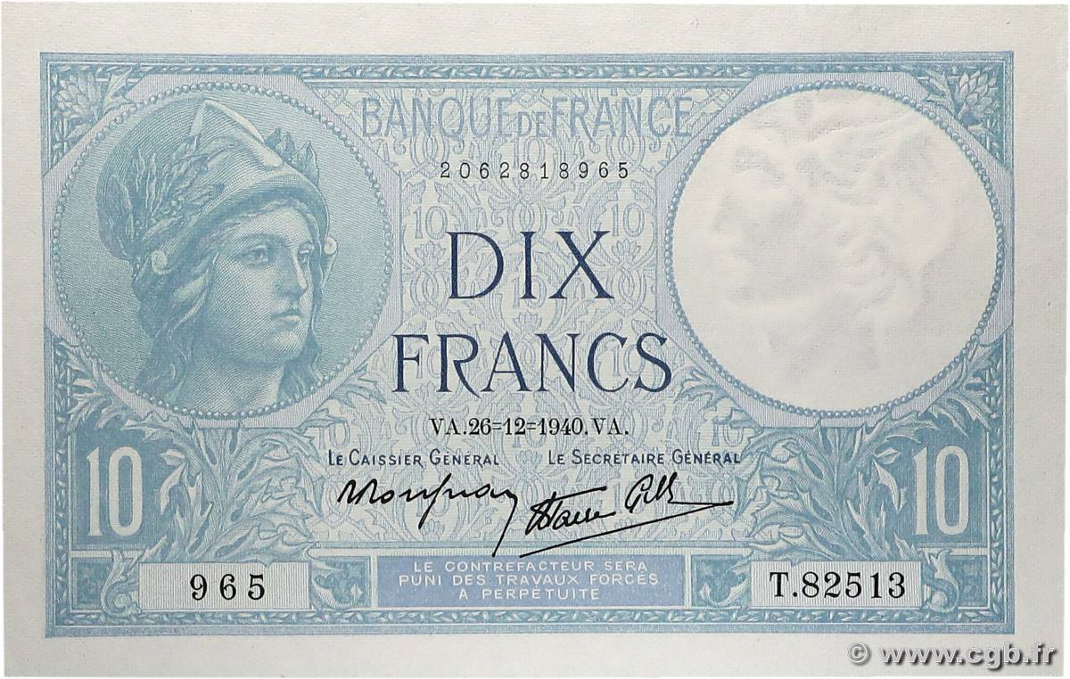 10 Francs MINERVE modifié FRANCE  1940 F.07.25 VF+