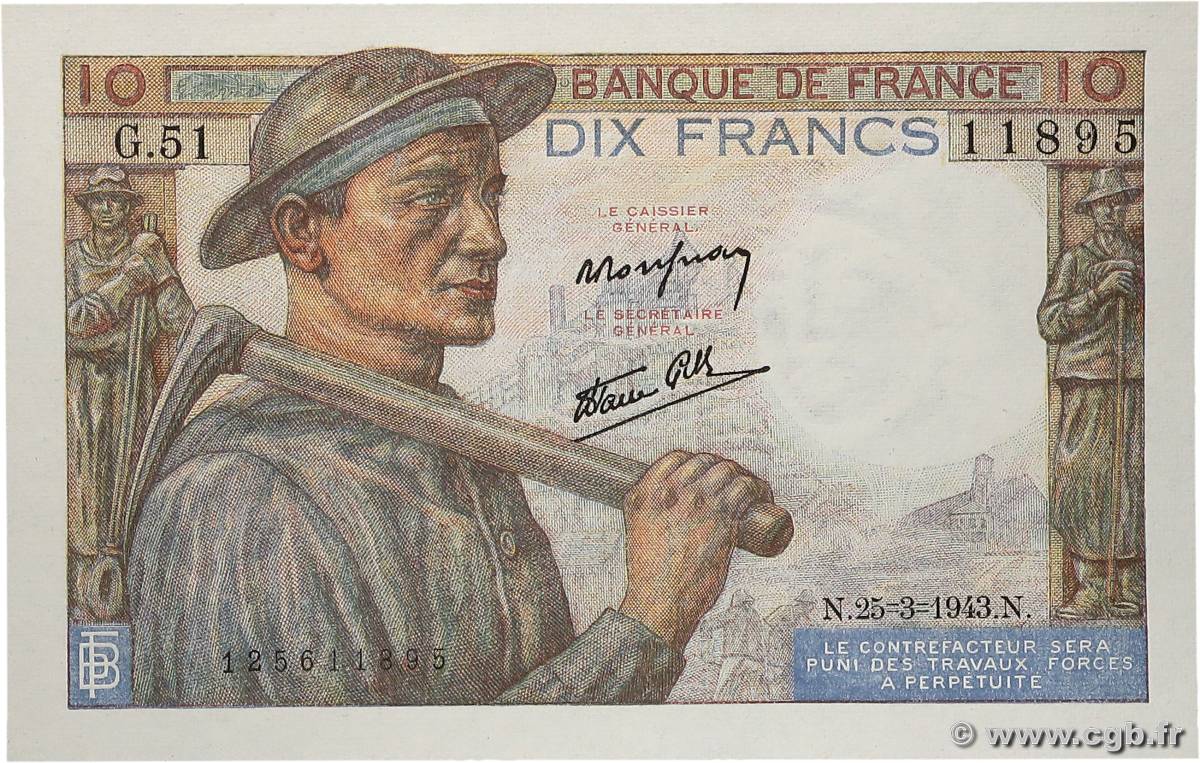 10 Francs MINEUR FRANCE  1943 F.08.08 UNC