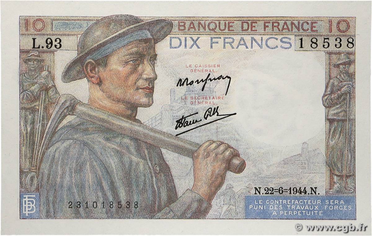 10 Francs MINEUR FRANCE  1944 F.08.12 UNC