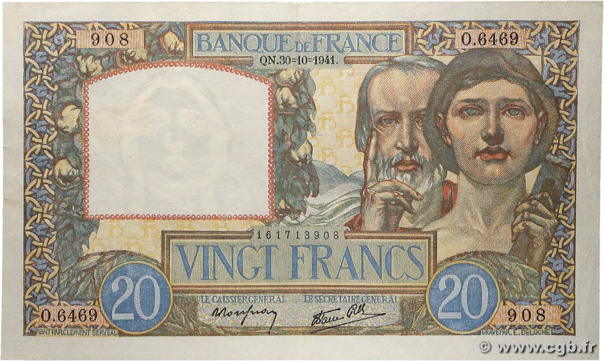 20 Francs TRAVAIL ET SCIENCE FRANCE  1941 F.12.19 pr.SUP