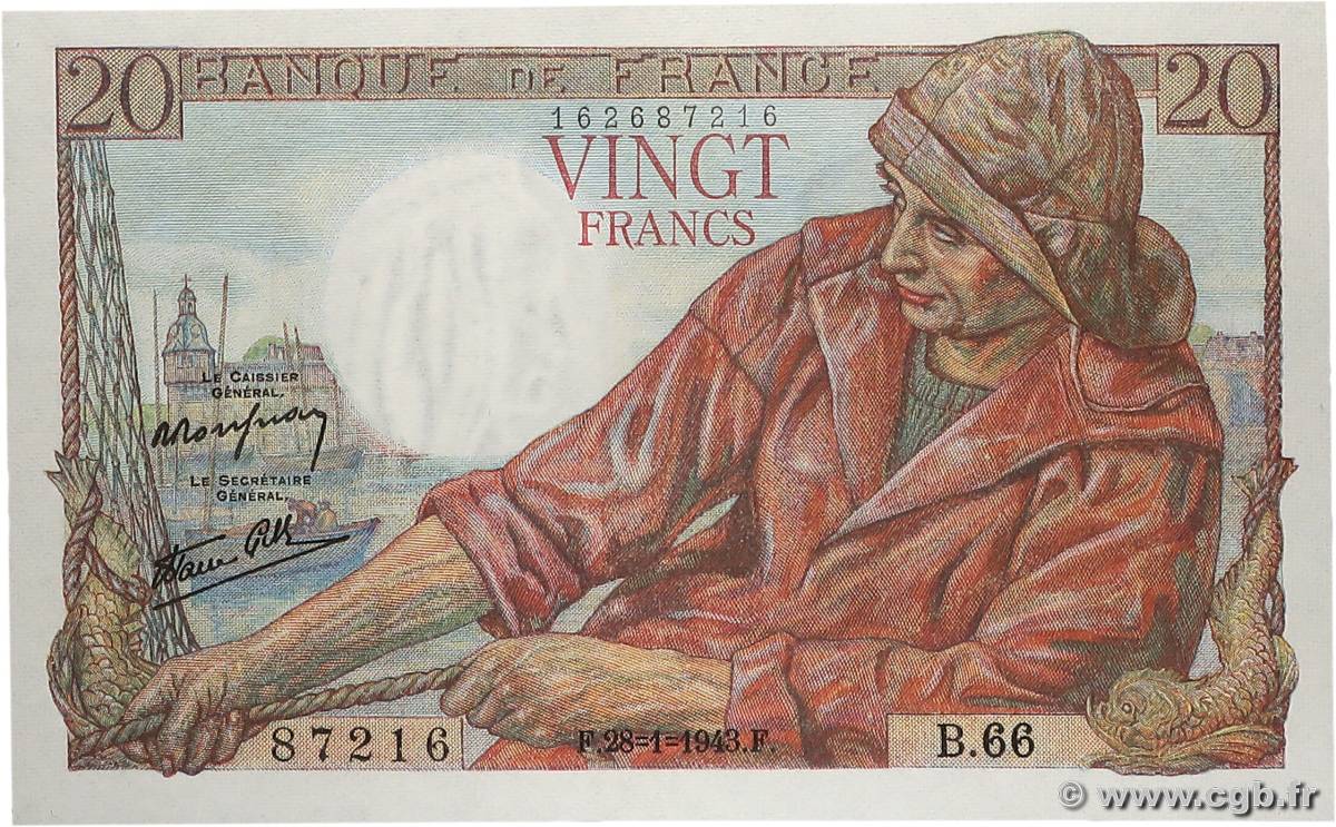 20 Francs PÊCHEUR FRANCIA  1943 F.13.05 AU