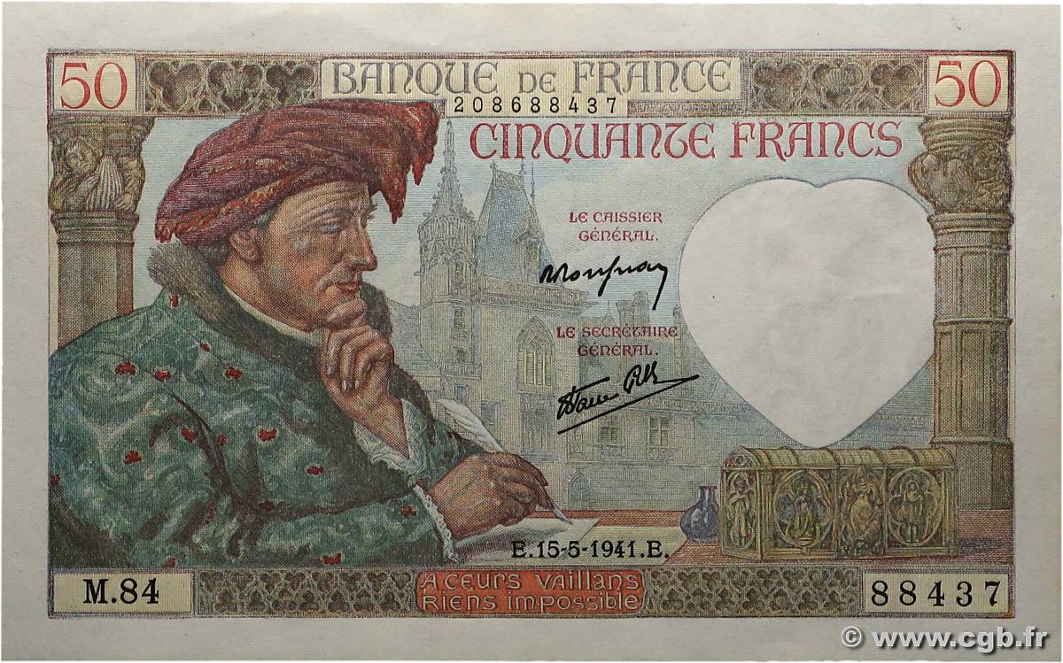 50 Francs JACQUES CŒUR FRANCE  1941 F.19.11 pr.NEUF