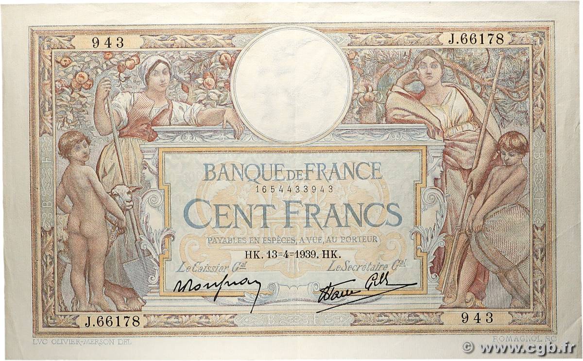 100 Francs LUC OLIVIER MERSON type modifié FRANCE  1939 F.25.46 VF+