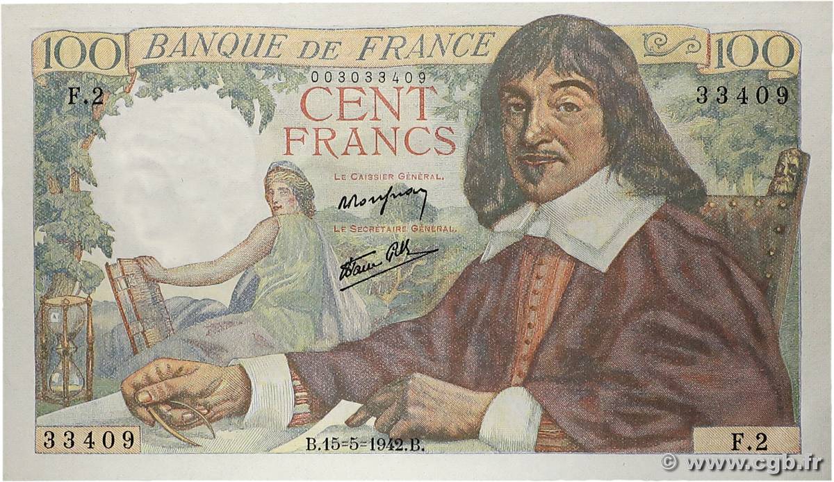 100 Francs DESCARTES FRANCE  1942 F.27.01 UNC