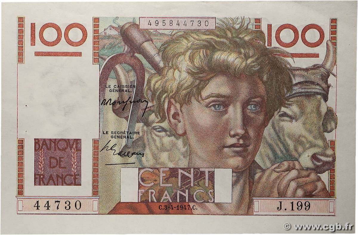 100 Francs JEUNE PAYSAN FRANCE  1947 F.28.14 pr.SUP