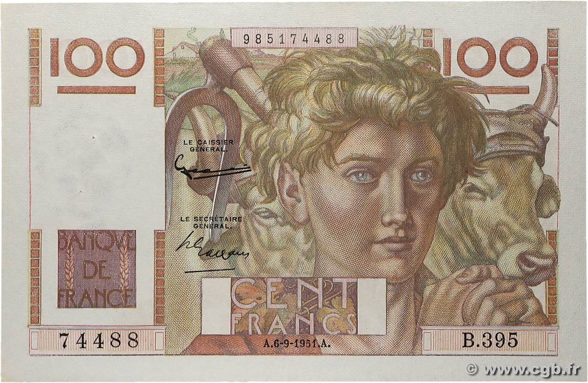 100 Francs JEUNE PAYSAN FRANCE  1951 F.28.29 XF+