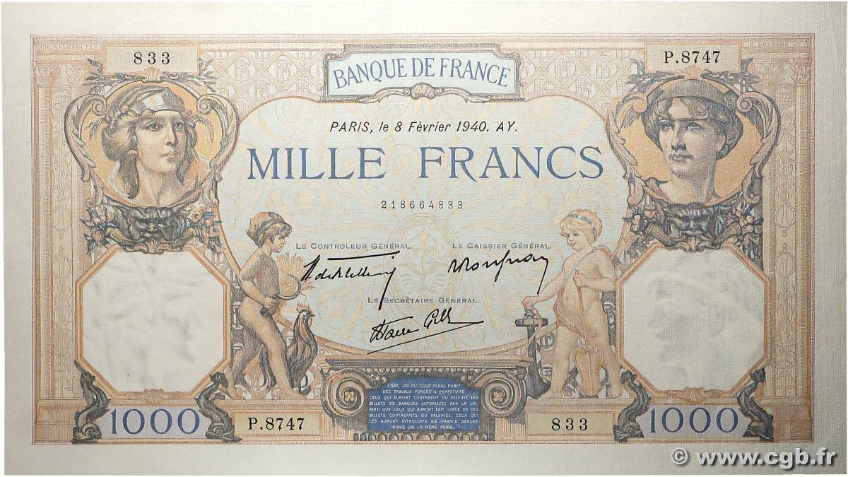 1000 Francs CÉRÈS ET MERCURE type modifié FRANCE  1940 F.38.42 SUP+