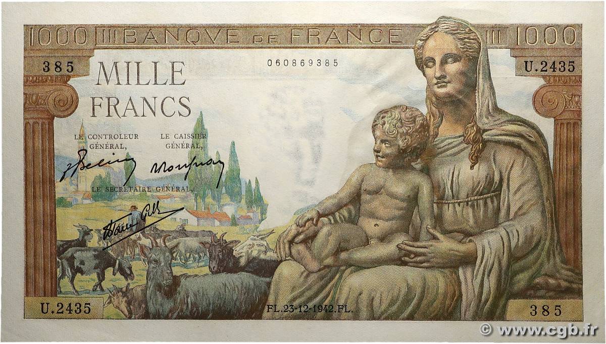 1000 Francs DÉESSE DÉMÉTER FRANCE  1942 F.40.14 NEUF