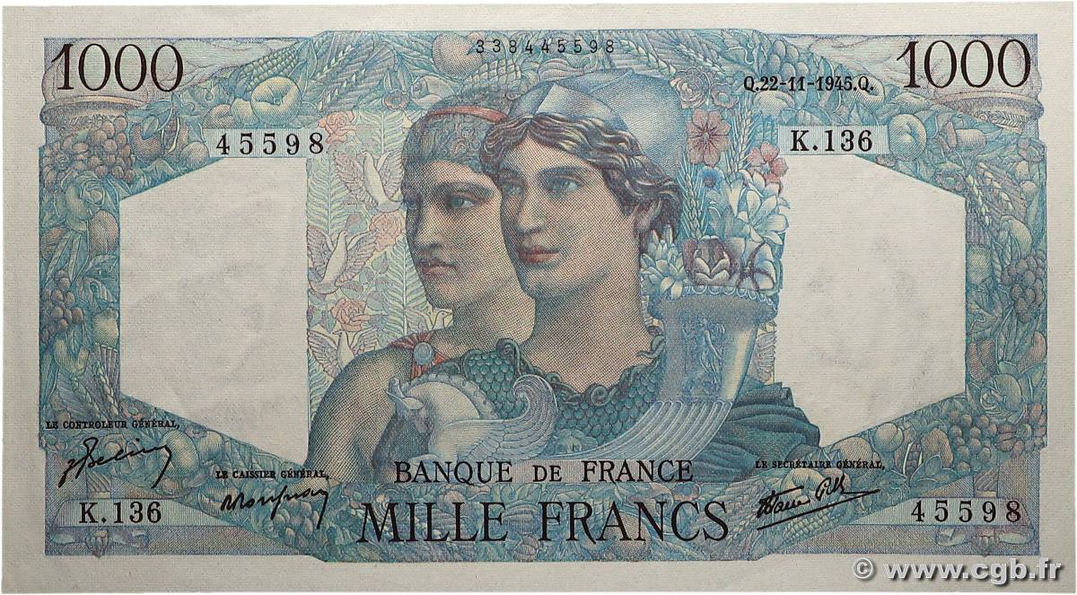 1000 Francs MINERVE ET HERCULE FRANCE  1945 F.41.08 SPL+