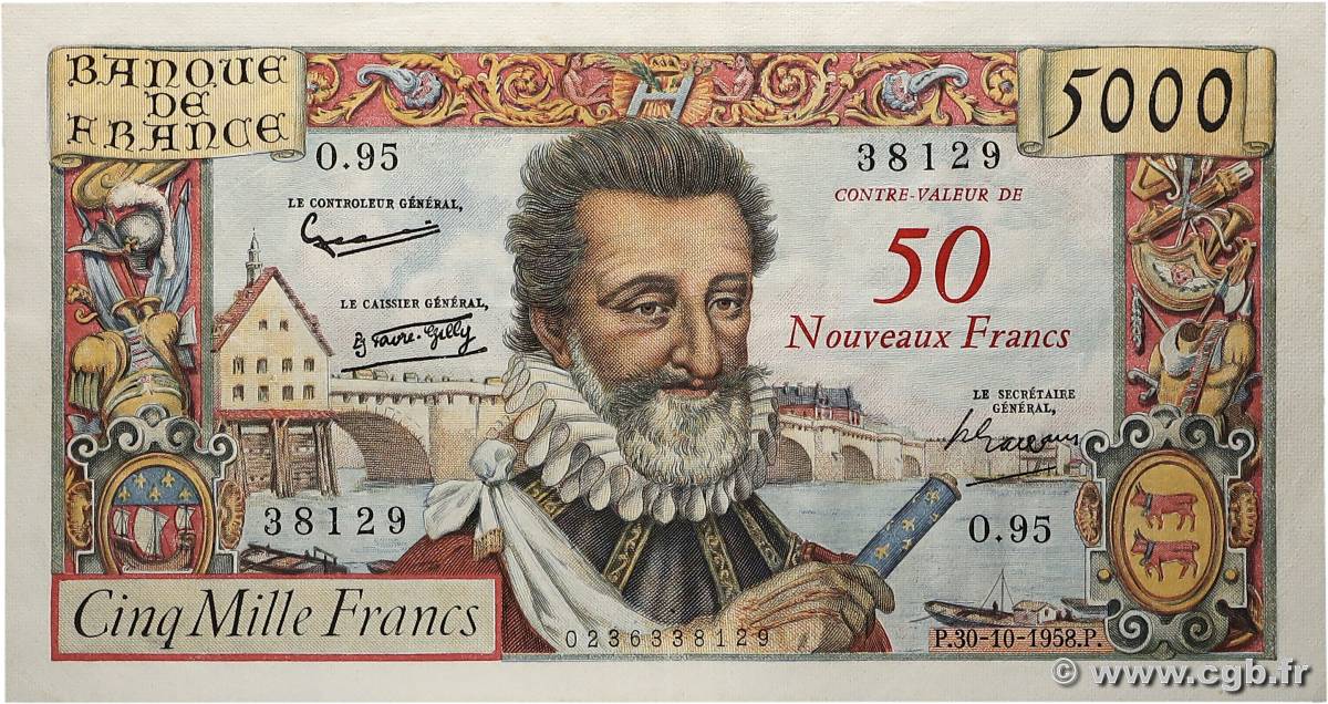 50 NF sur 5000 Francs HENRI IV FRANCE  1958 F.54.01 XF