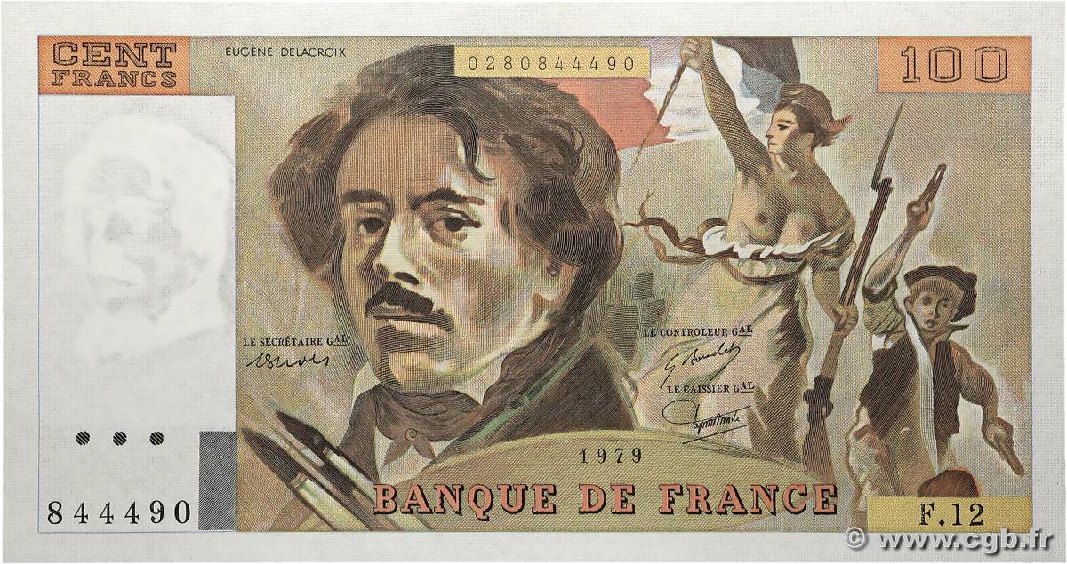 100 Francs DELACROIX modifié FRANCE  1979 F.69.02c UNC-