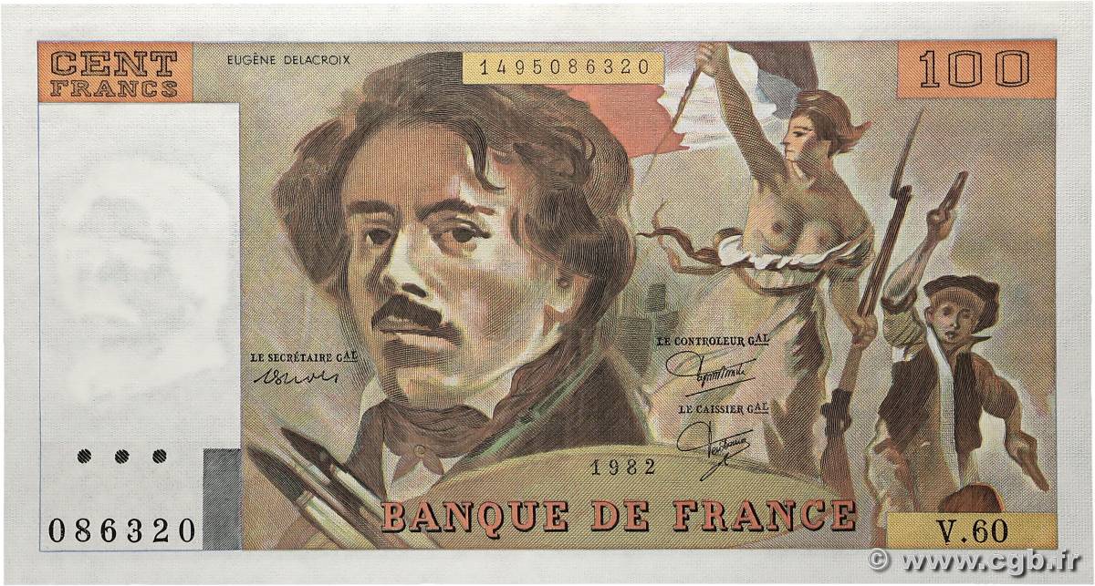 100 Francs DELACROIX modifié FRANCE  1982 F.69.06 UNC