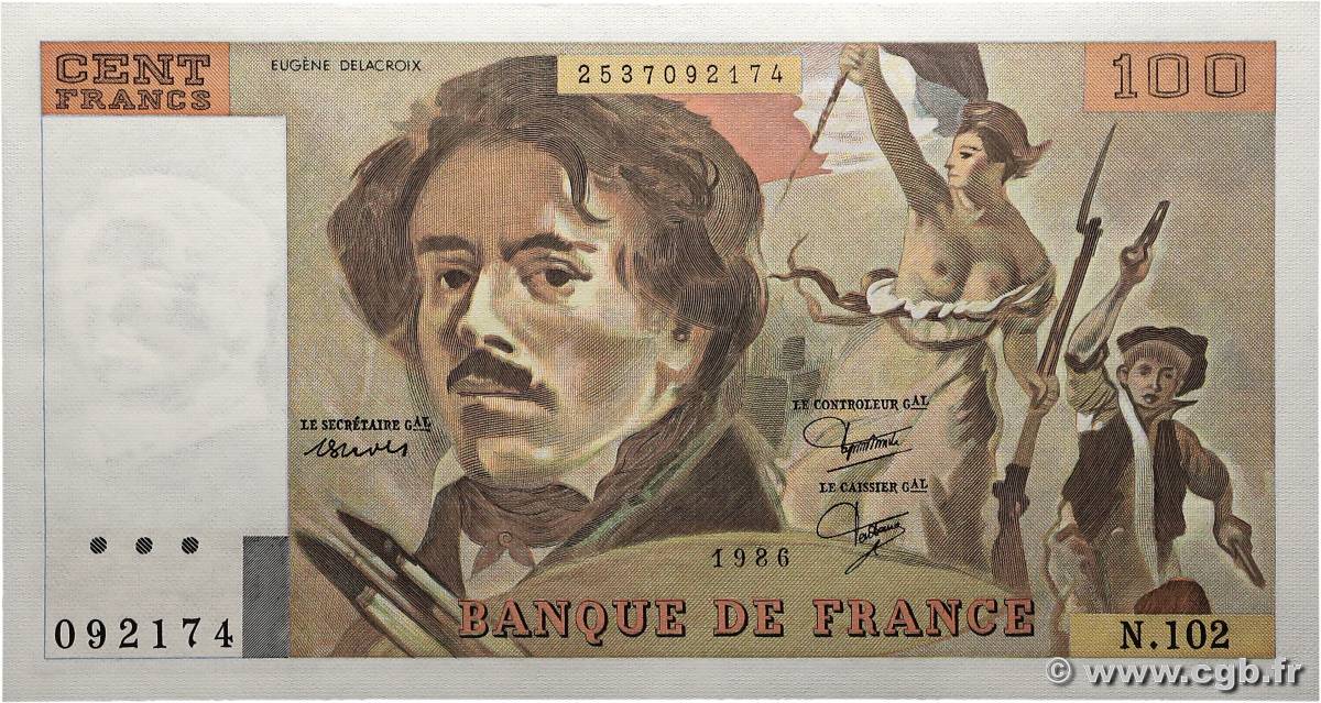 100 Francs DELACROIX modifié FRANCE  1986 F.69.10 SPL+