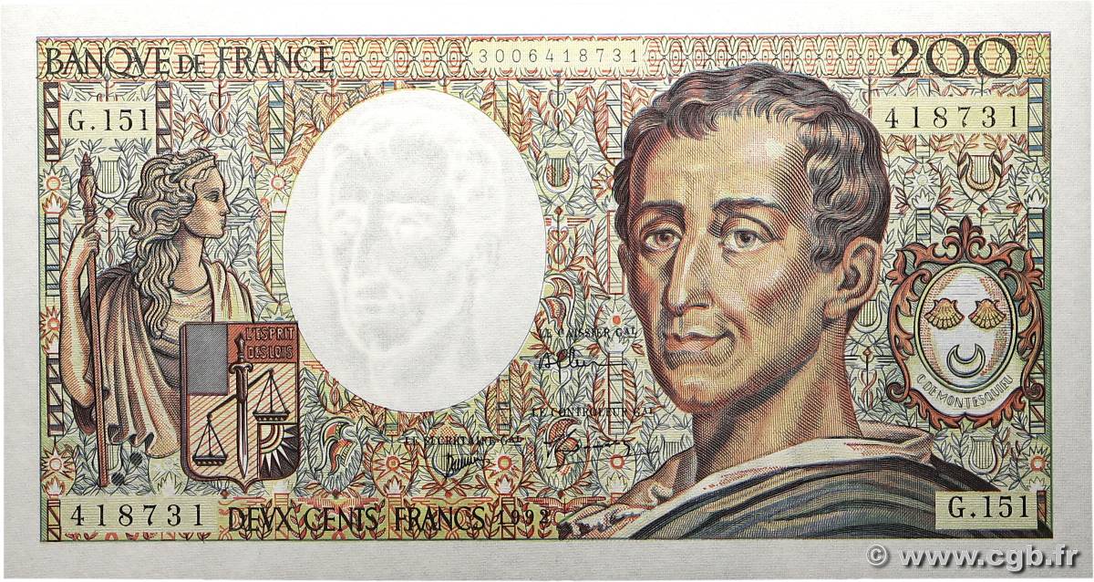 200 Francs MONTESQUIEU FRANCE  1992 F.70.12c UNC