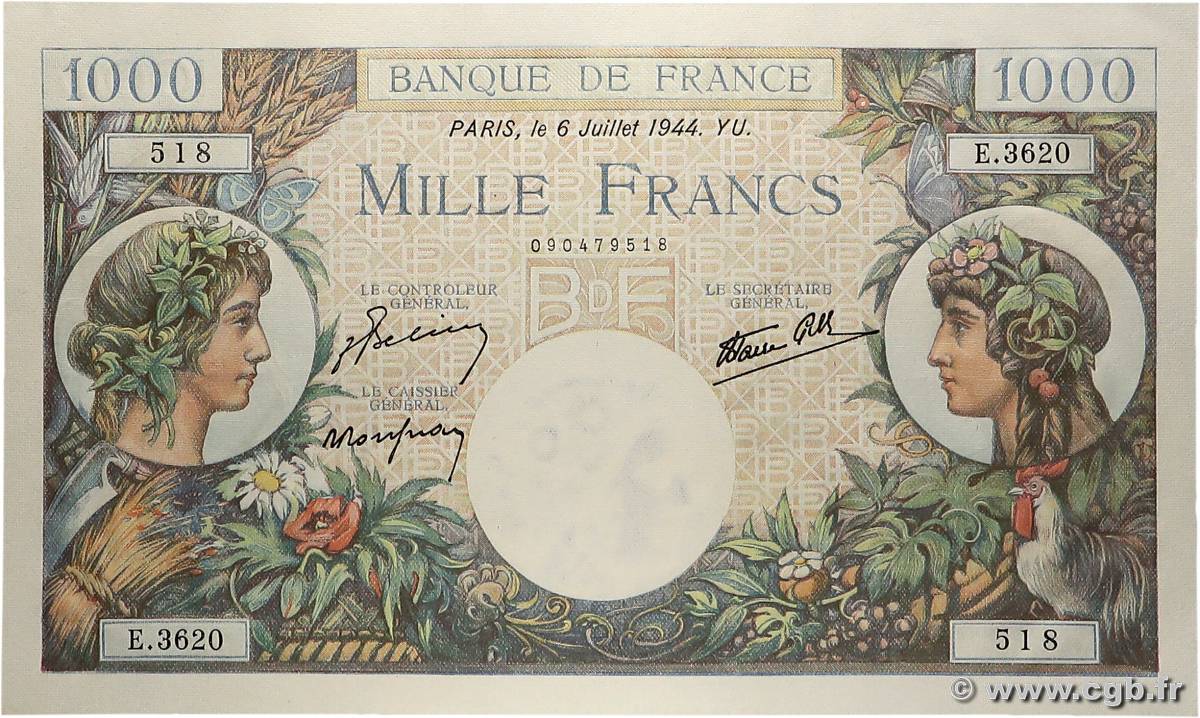 1000 Francs COMMERCE ET INDUSTRIE FRANCE  1944 F.39.10 UNC-