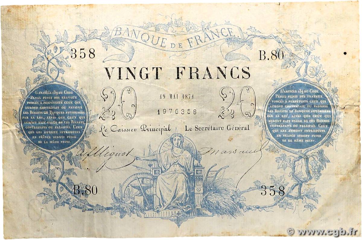 20 Francs type 1871 - Bleu FRANCIA  1871 F.A46.02 BC+