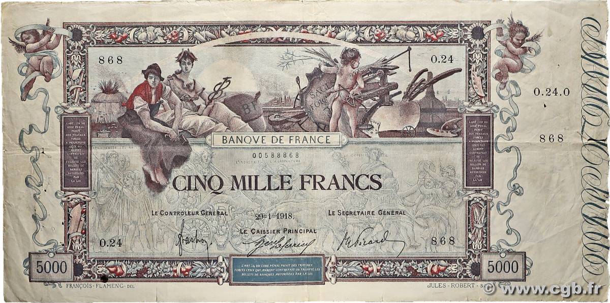 5000 Francs FLAMENG FRANCE  1918 F.43.01 F