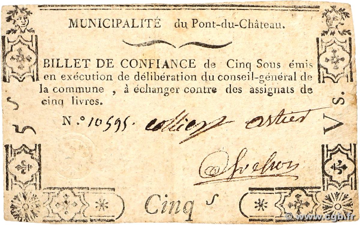5 Sous FRANCE régionalisme et divers Pont Du Chateau 1792 Kc.63.115 TTB