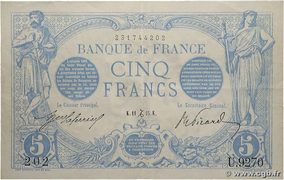 5 Francs BLEU FRANCIA  1915 F.02.34 EBC