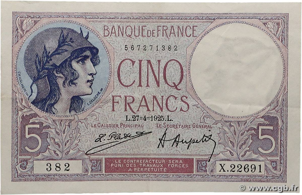 5 Francs FEMME CASQUÉE FRANKREICH  1925 F.03.09 fVZ