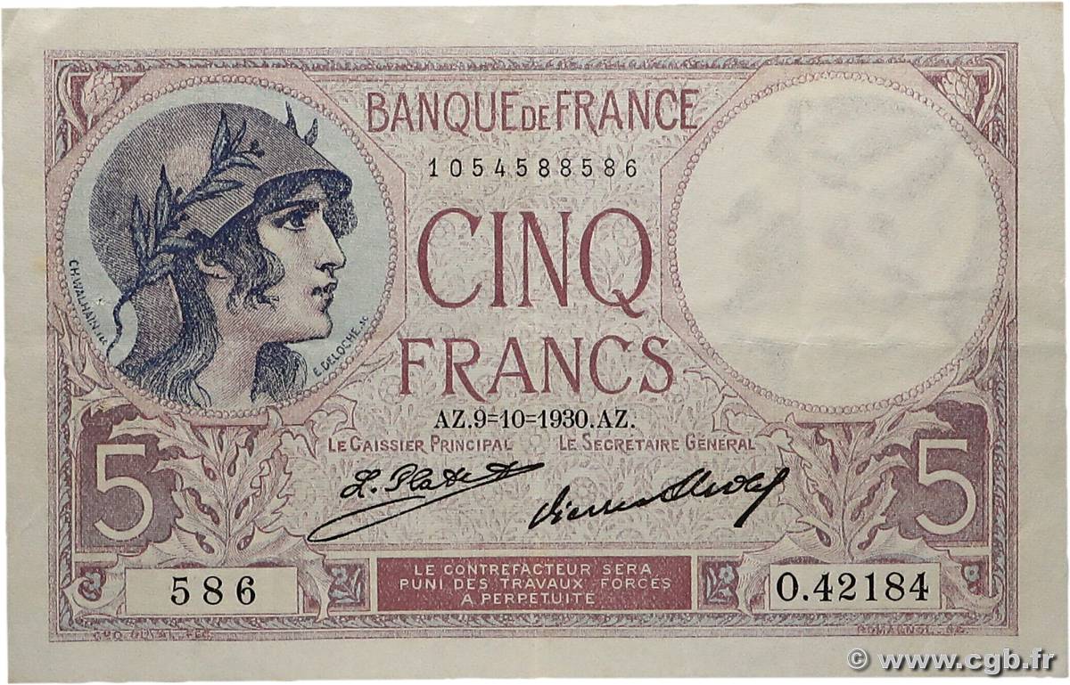 5 Francs FEMME CASQUÉE FRANCE  1930 F.03.14a VF