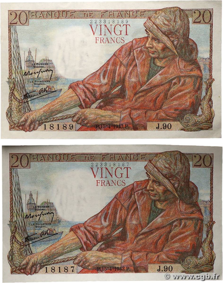 20 Francs PÊCHEUR Lot FRANCE  1943 F.13.06 VF+