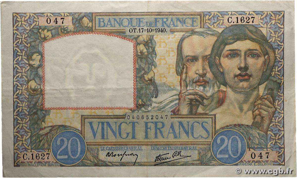 20 Francs TRAVAIL ET SCIENCE FRANCE  1940 F.12.09 TTB