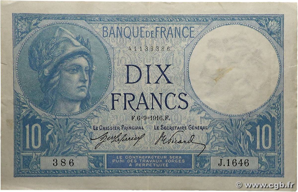 10 Francs MINERVE FRANCE  1916 F.06.01 TTB