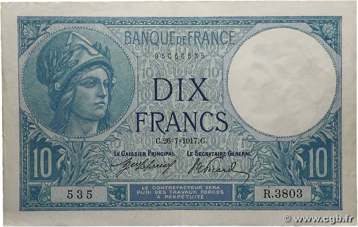 10 Francs MINERVE FRANCE  1917 F.06.02 TTB