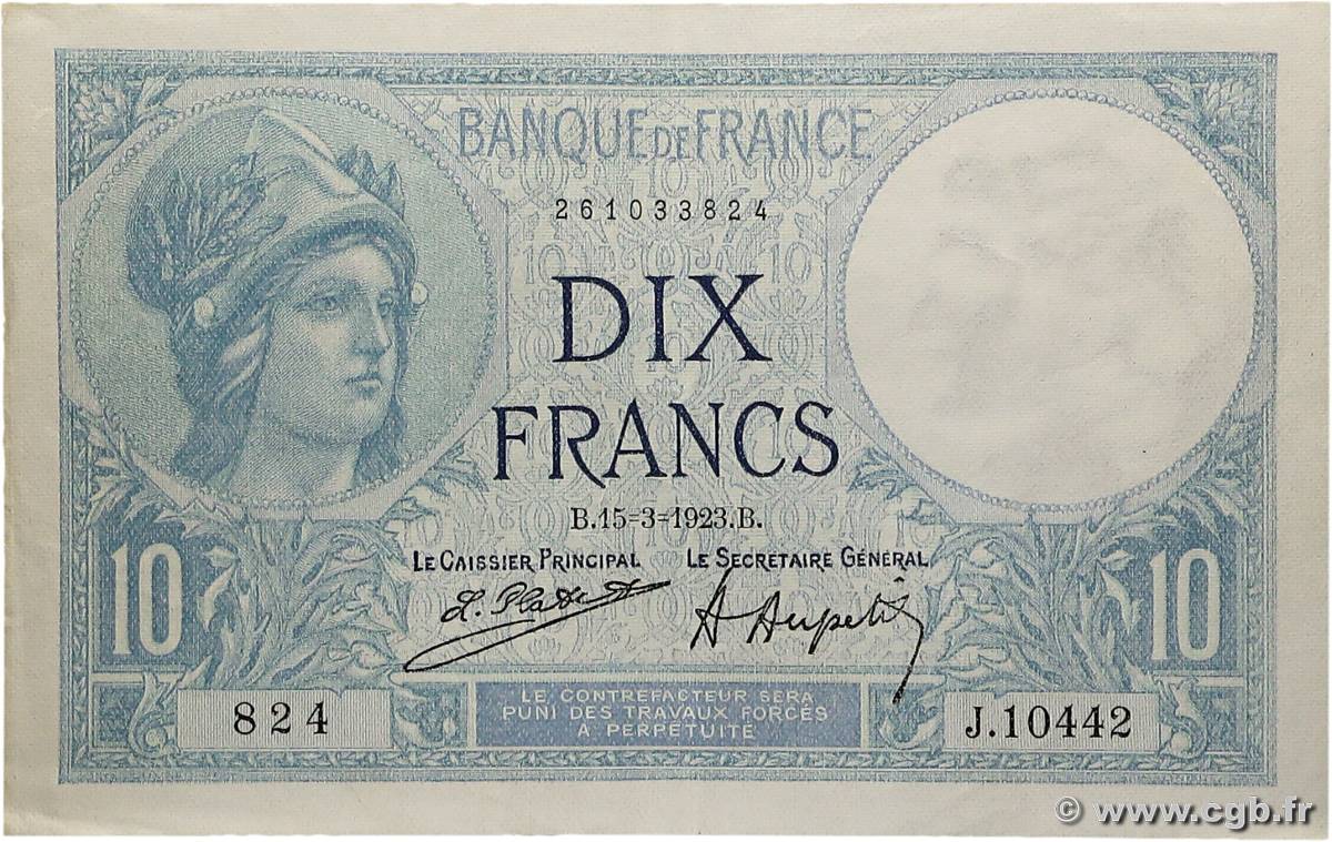 10 Francs MINERVE FRANCE  1923 F.06.07 VF+