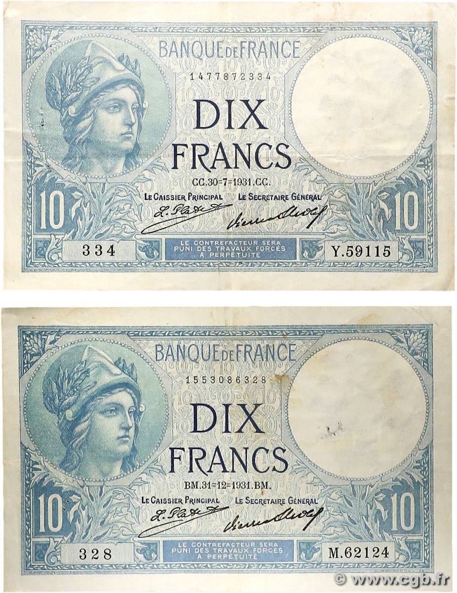 10 Francs MINERVE Lot FRANCE  1931 F.06.15 VF-
