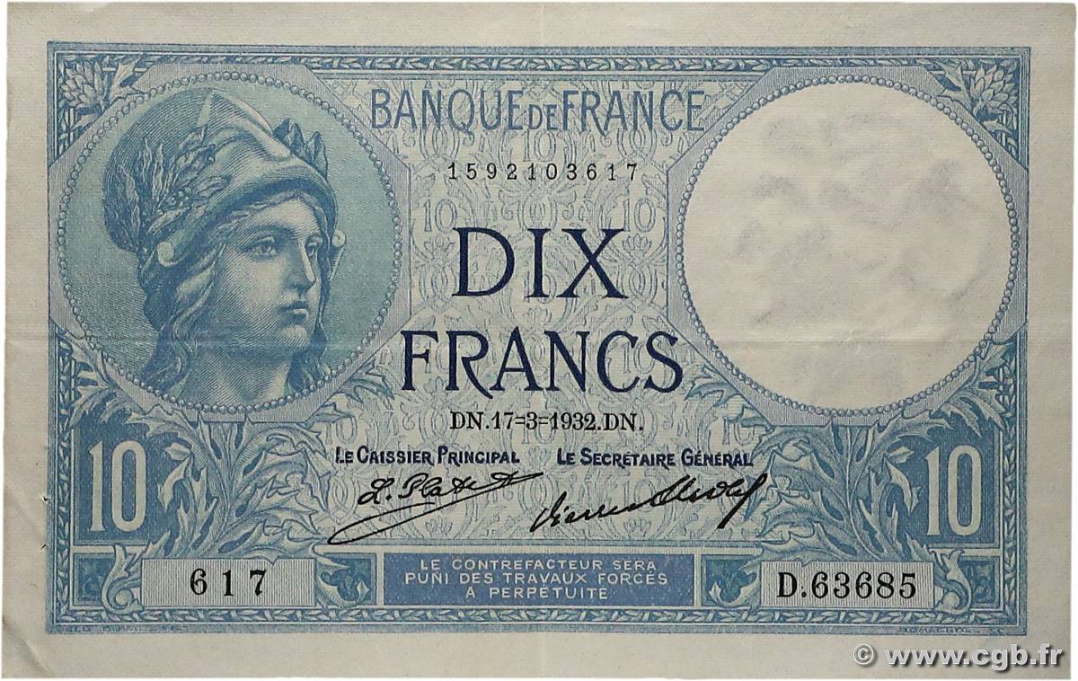 10 Francs MINERVE FRANCE  1932 F.06.16 VF+