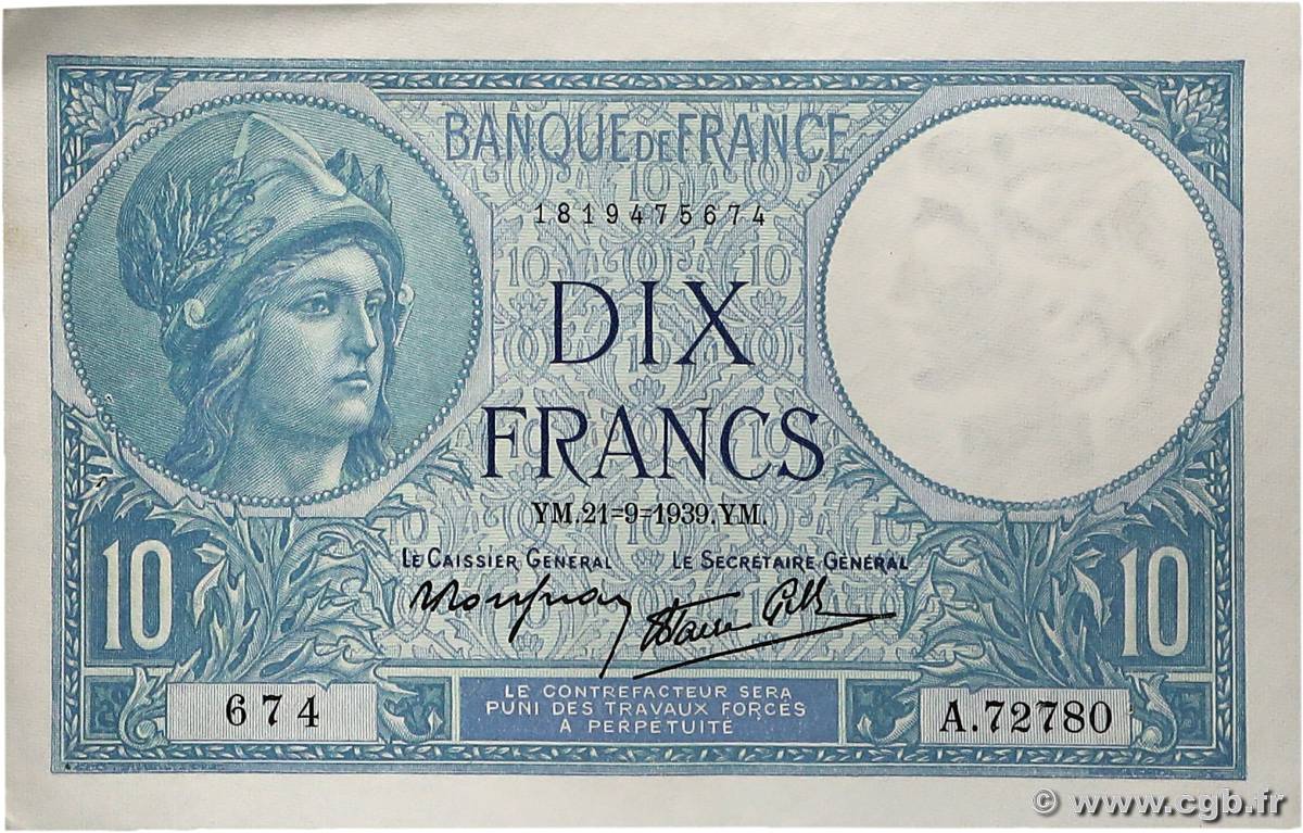 10 Francs MINERVE modifié FRANCIA  1939 F.07.08 EBC