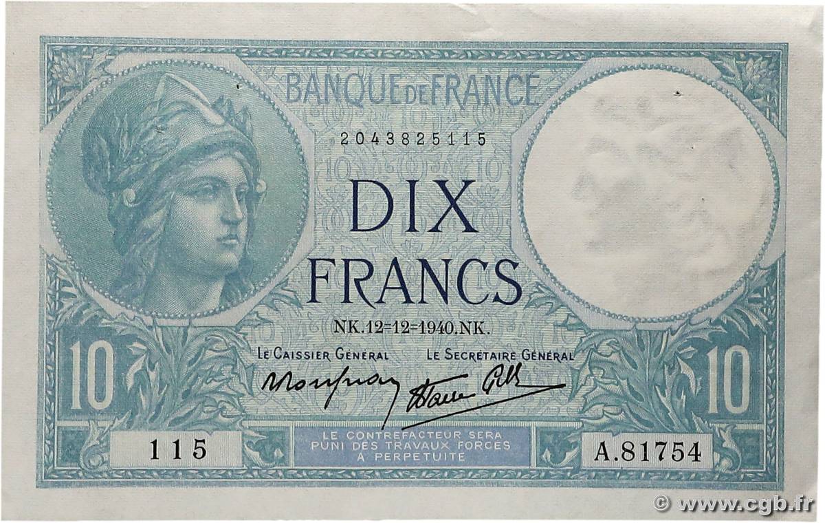 10 Francs MINERVE modifié FRANCE  1940 F.07.24 XF-