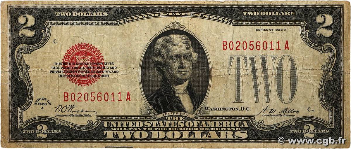 2 Dollars ÉTATS-UNIS D AMÉRIQUE  1928 P.378a B+