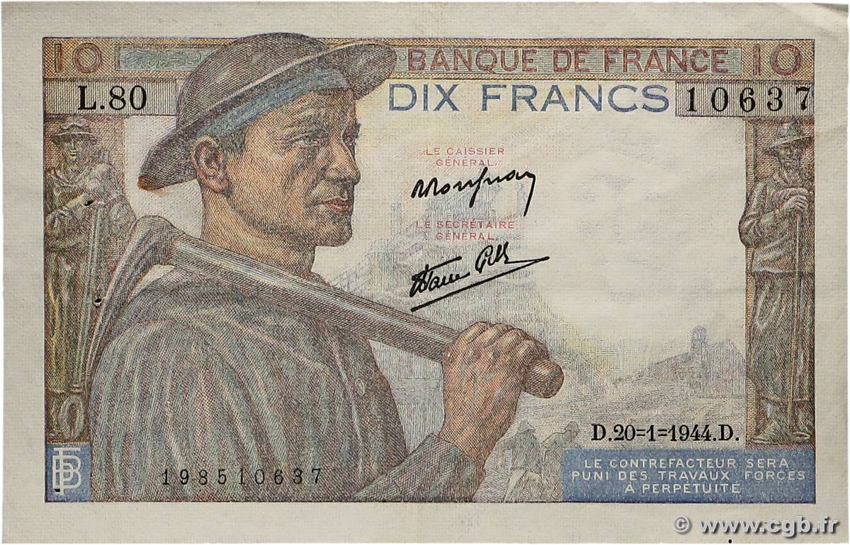 10 Francs MINEUR FRANCE  1944 F.08.11 VF