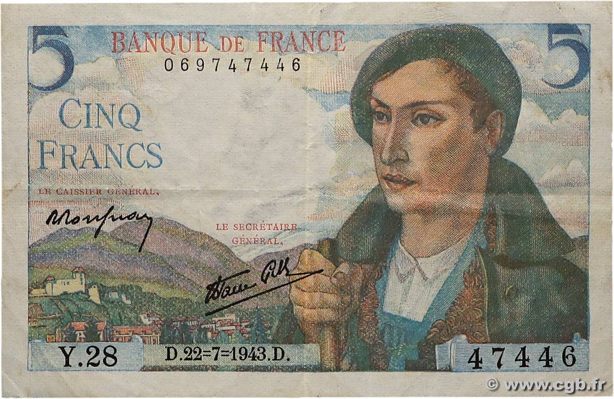5 Francs BERGER FRANCE  1943 F.05.02 VF