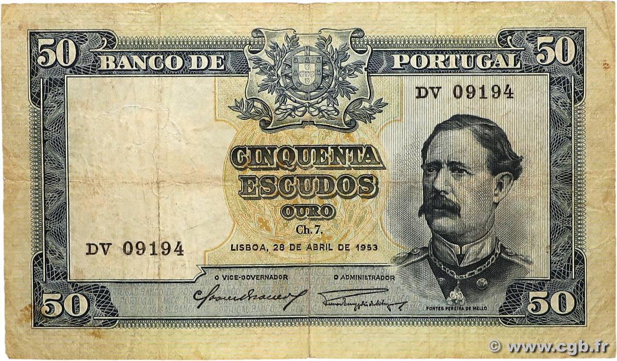 50 Escudos PORTUGAL  1953 P.160 TB