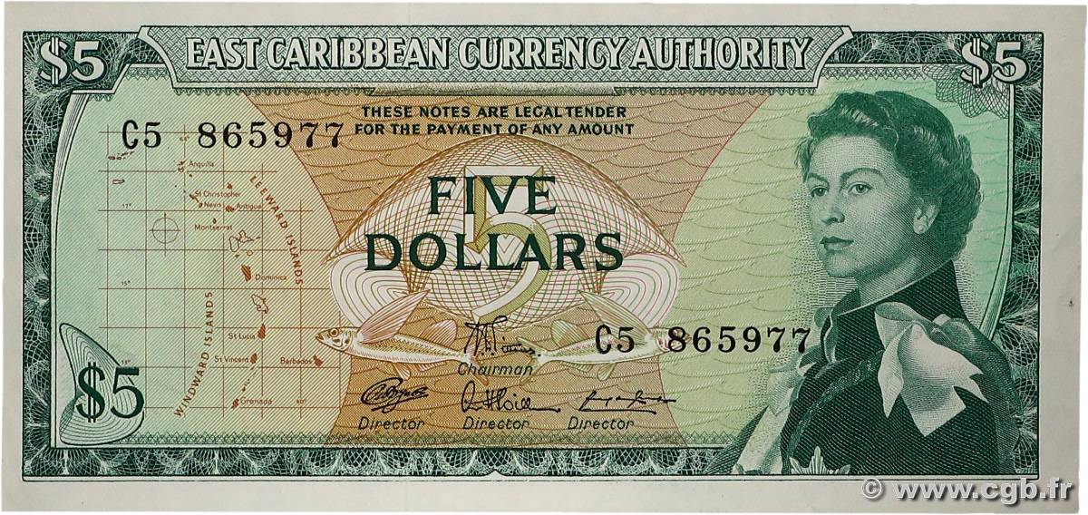 5 Dollars CARIBBEAN   1965 P.14f AU+