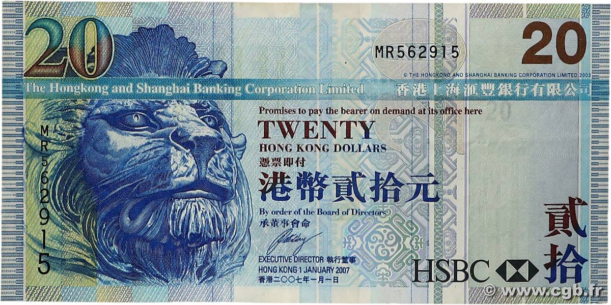 20 Dollars HONG KONG  2007 P.207d TTB