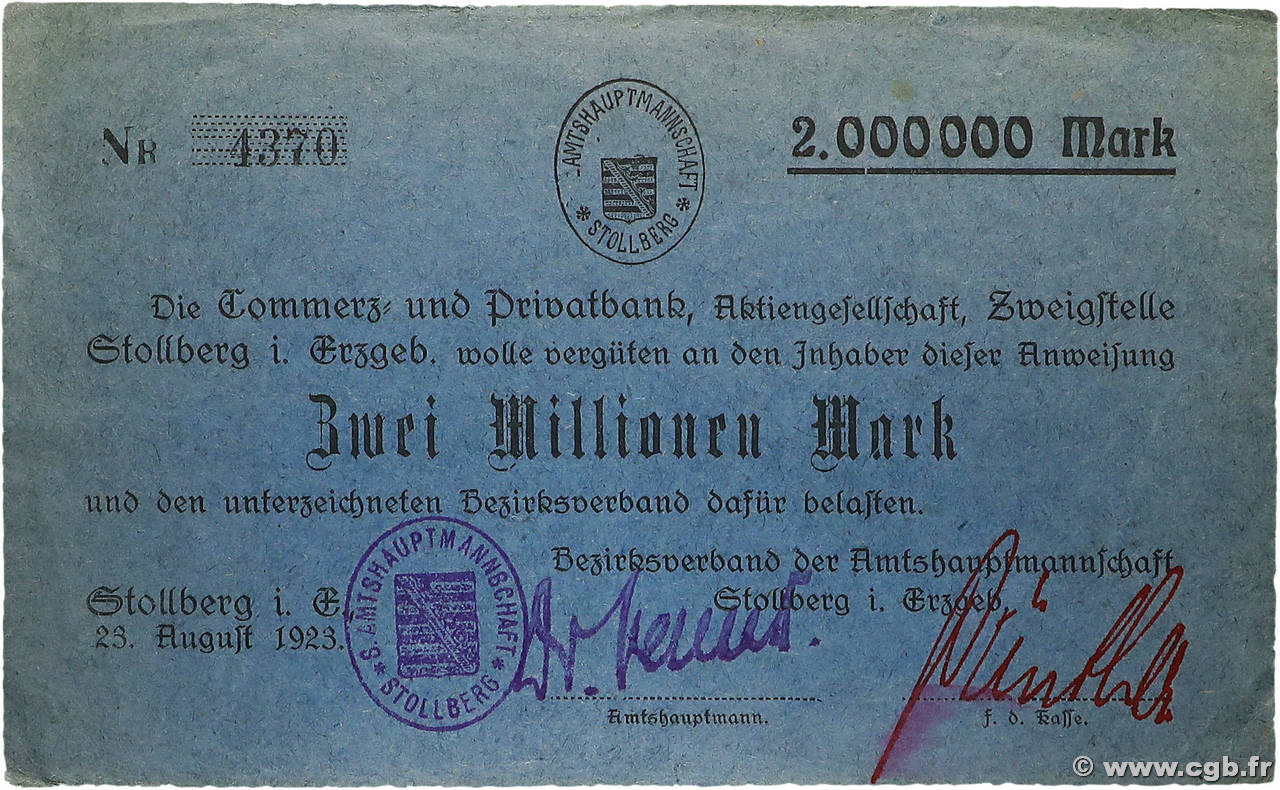 2 Millions Mark GERMANY Stollberg 1923 P.- XF