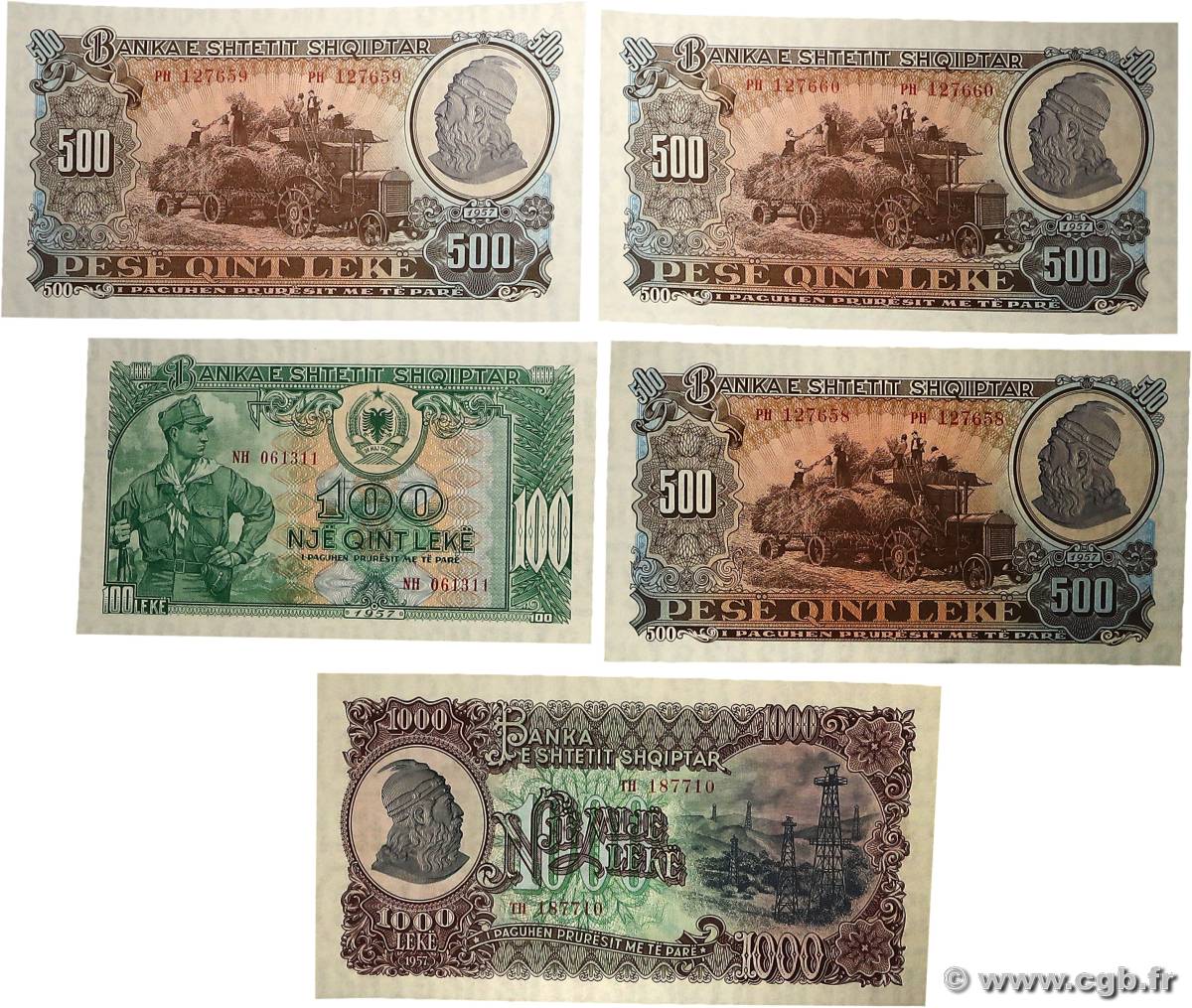 100, 500 et 1000 Lekë Lot ALBANIE  1957 P.30a, P.31a et P.32a NEUF