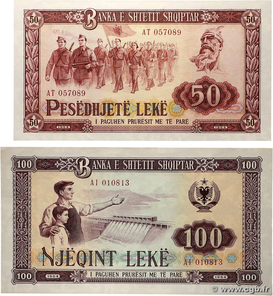 50 et 100 Lekë Lot ALBANIE  1964 P.38a et P.39a pr.NEUF