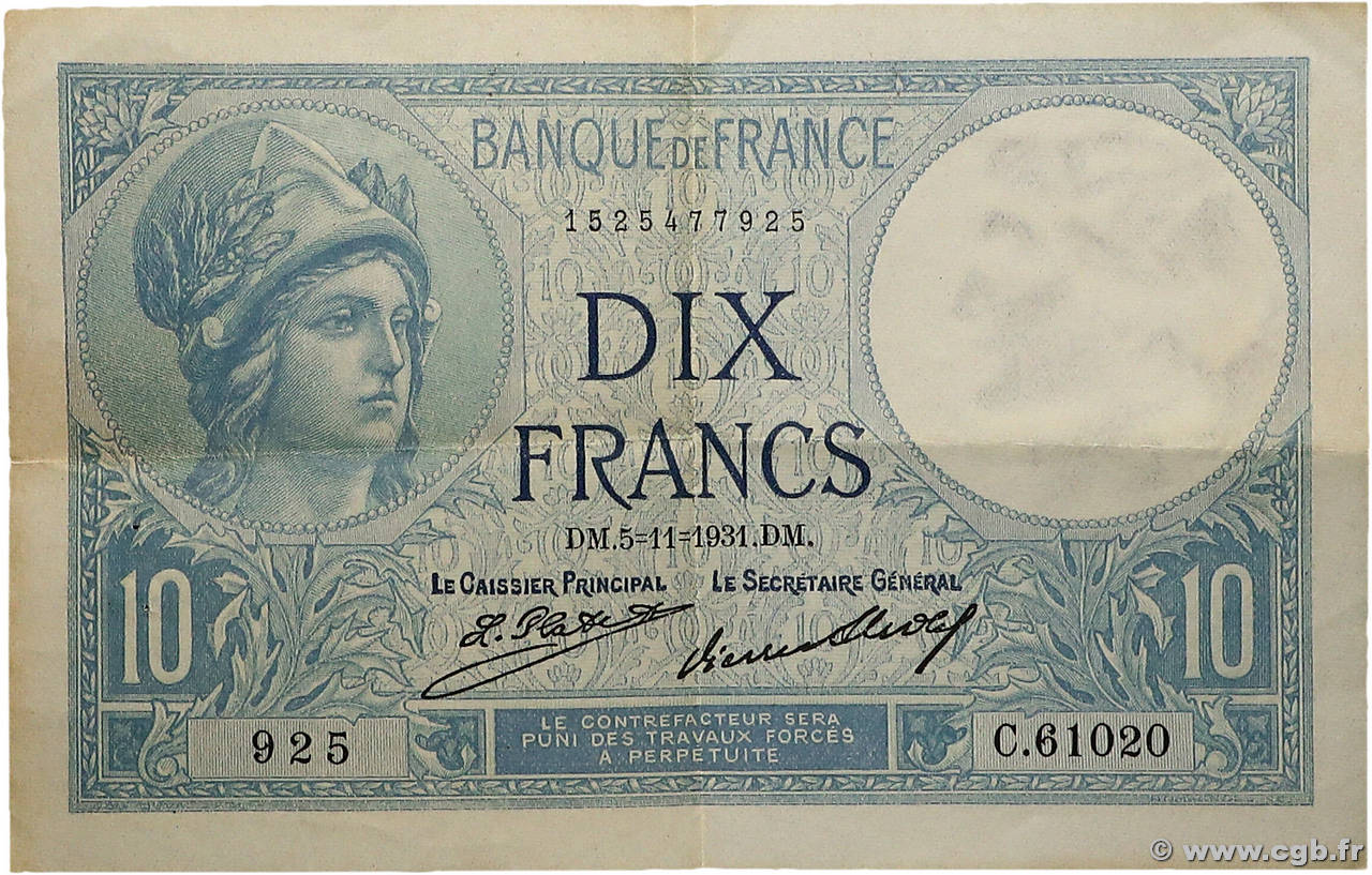 10 Francs MINERVE FRANCE  1931 F.06.15 TTB+