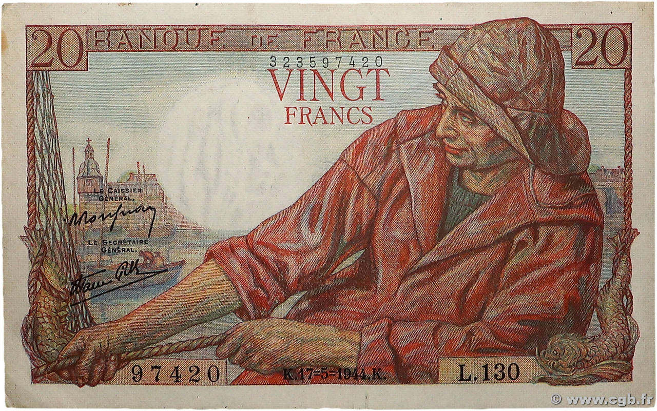 20 Francs PÊCHEUR FRANCE  1944 F.13.09 SUP