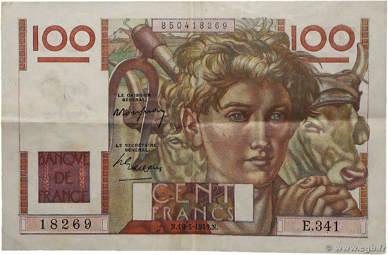 100 Francs JEUNE PAYSAN FRANCE  1949 F.28.24 VF+