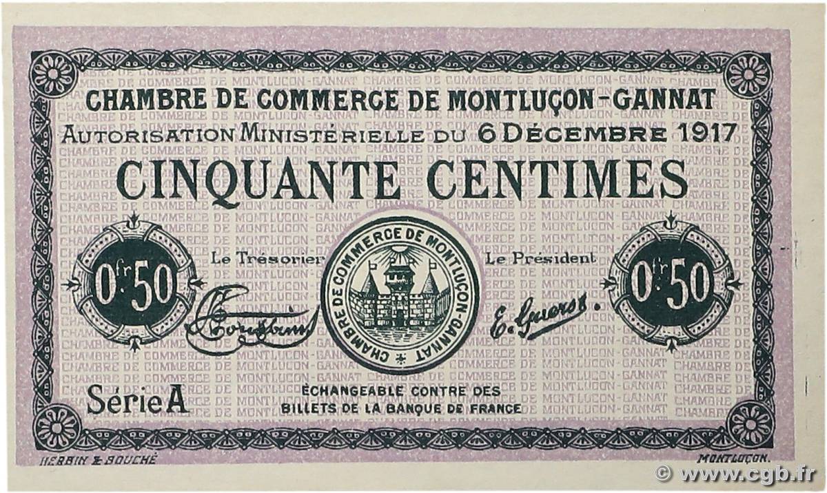 50 Centimes Non émis FRANCE régionalisme et divers Montluçon, Gannat 1917 JP.084.36var pr.NEUF