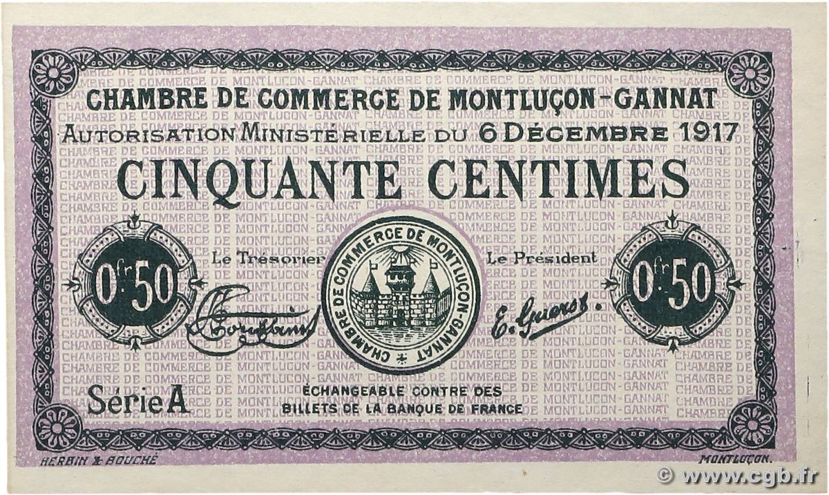 50 Centimes Non émis FRANCE regionalism and miscellaneous Montluçon, Gannat 1917 JP.084.36var UNC-