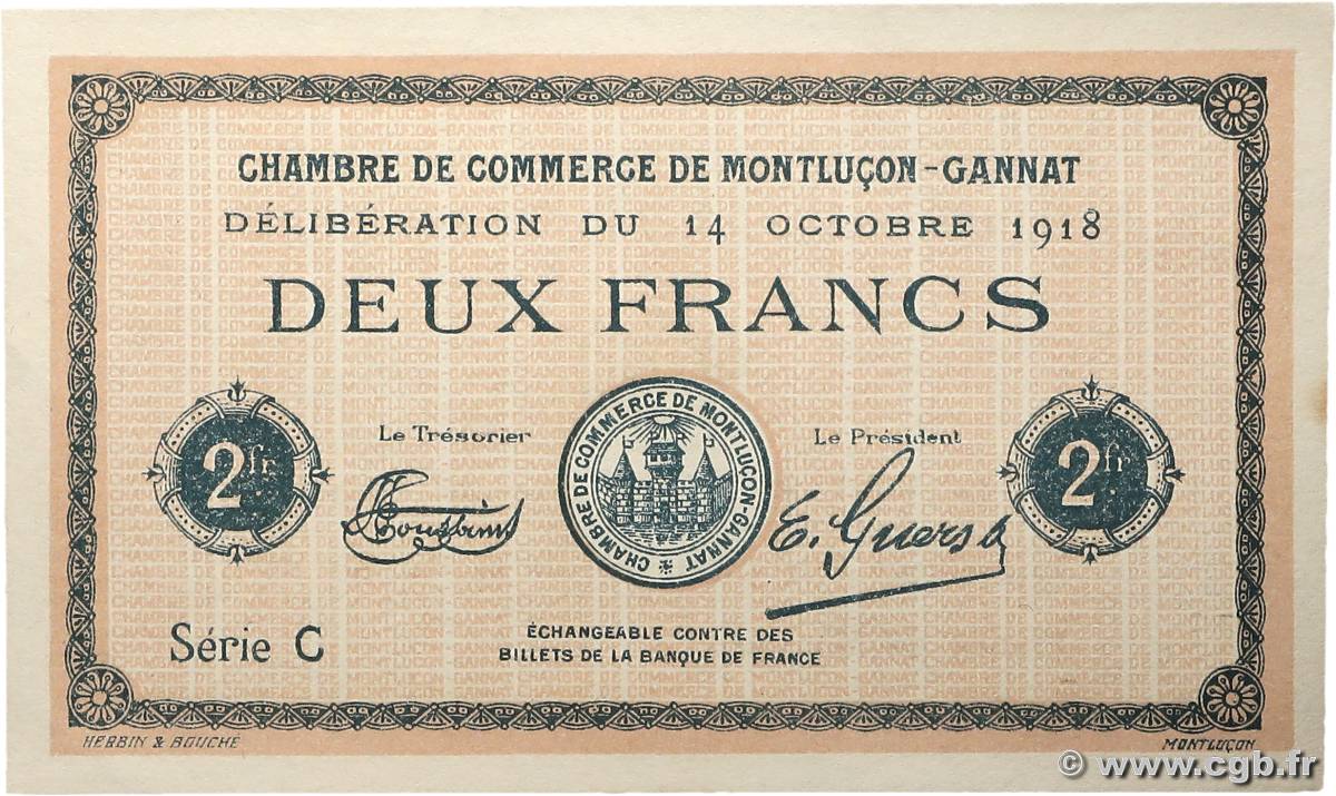 2 Francs Non émis FRANCE regionalism and miscellaneous Montluçon, Gannat 1918 JP.084.49var UNC-