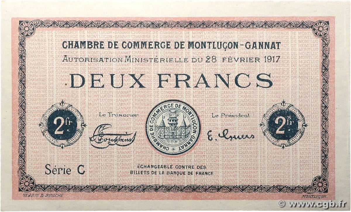 2 Francs Non émis FRANCE regionalism and miscellaneous Montluçon, Gannat 1917 JP.084.34var AU+